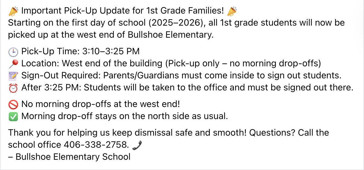 Stamiksiitsiikin (Bullshoe) Elementary Pick Up Info